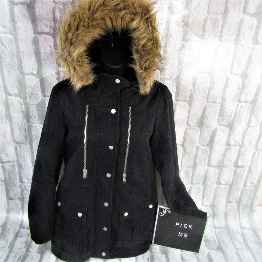 Forever 21 Faux Fur Black Parka Coat Size S